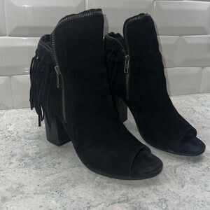 Diba True black suede peep toe ankle booties with zipper and fringe.